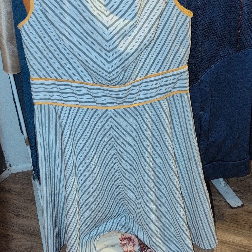 London Style Blue and White Striped Midi Dress with Yellow Accents